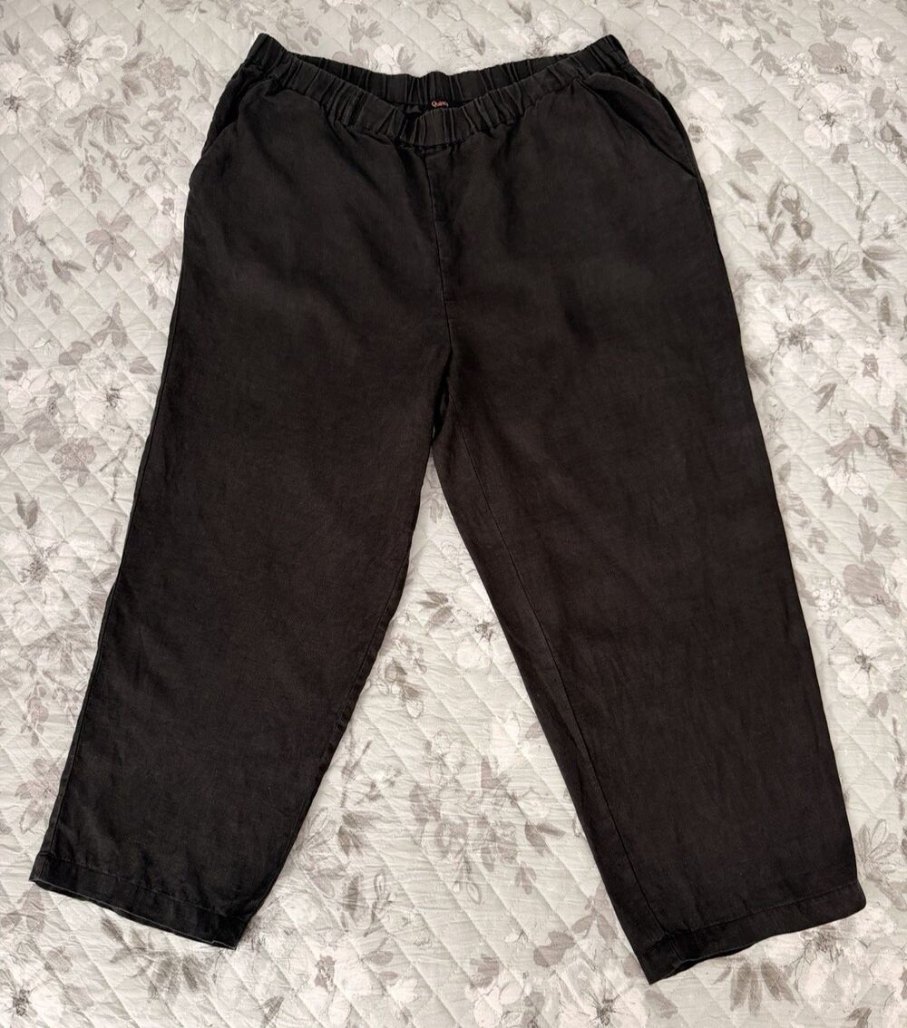 Quince 100% Linen Straight Leg Pants Black XL Elastic Waist